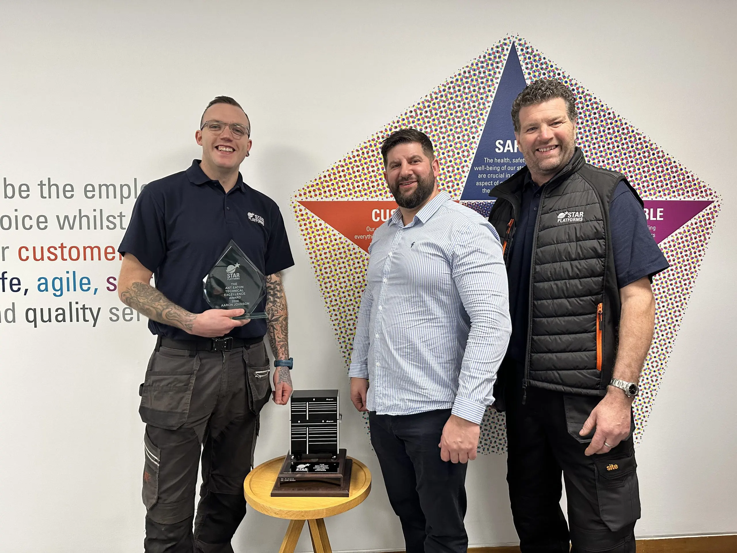 Award winner Aaron Johnson, Technical Director John Aubin, and Engineering Manager Andy Denston.