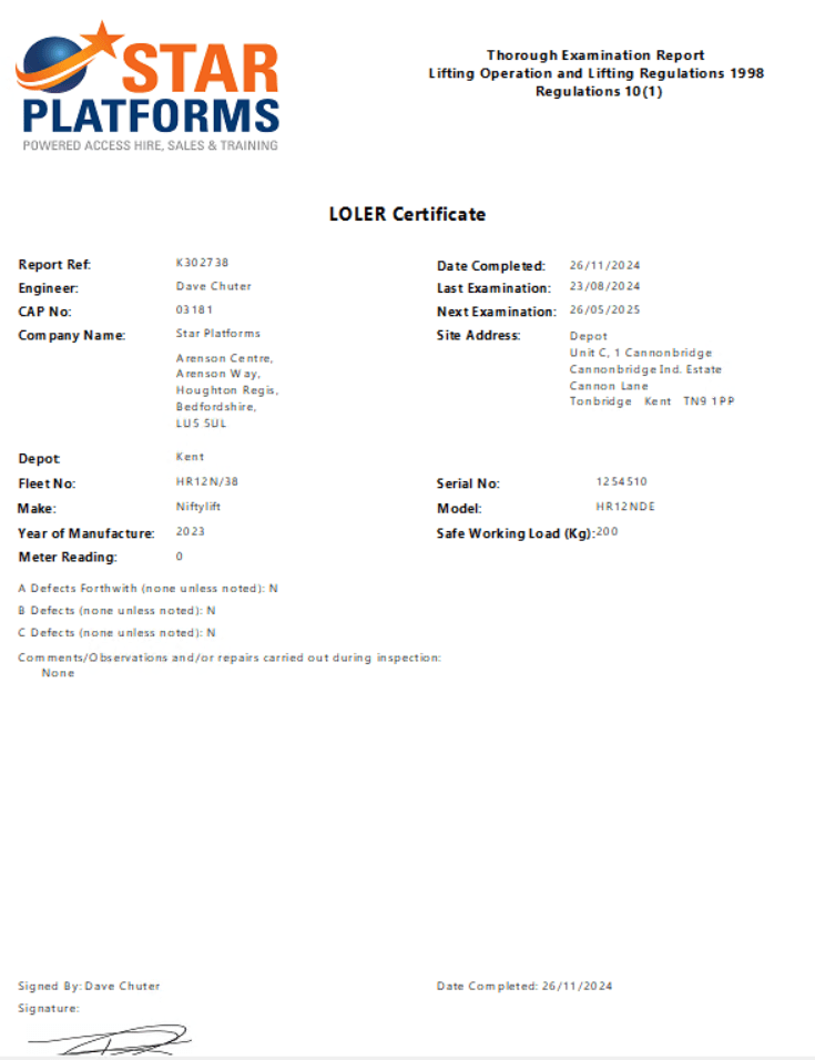 Sample LOLER Certificate Star Platforms LOLER Inspection Report Sample